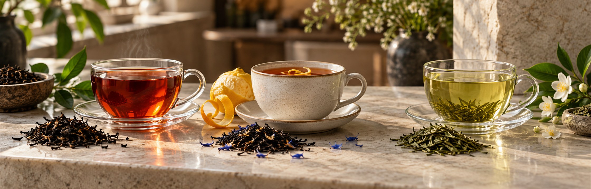 Black, Earl Grey And Green Tea — illustrative café photography