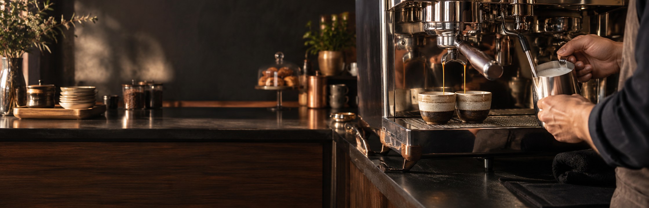 A barista pulling espresso and preparing milk at a warm cafe bar