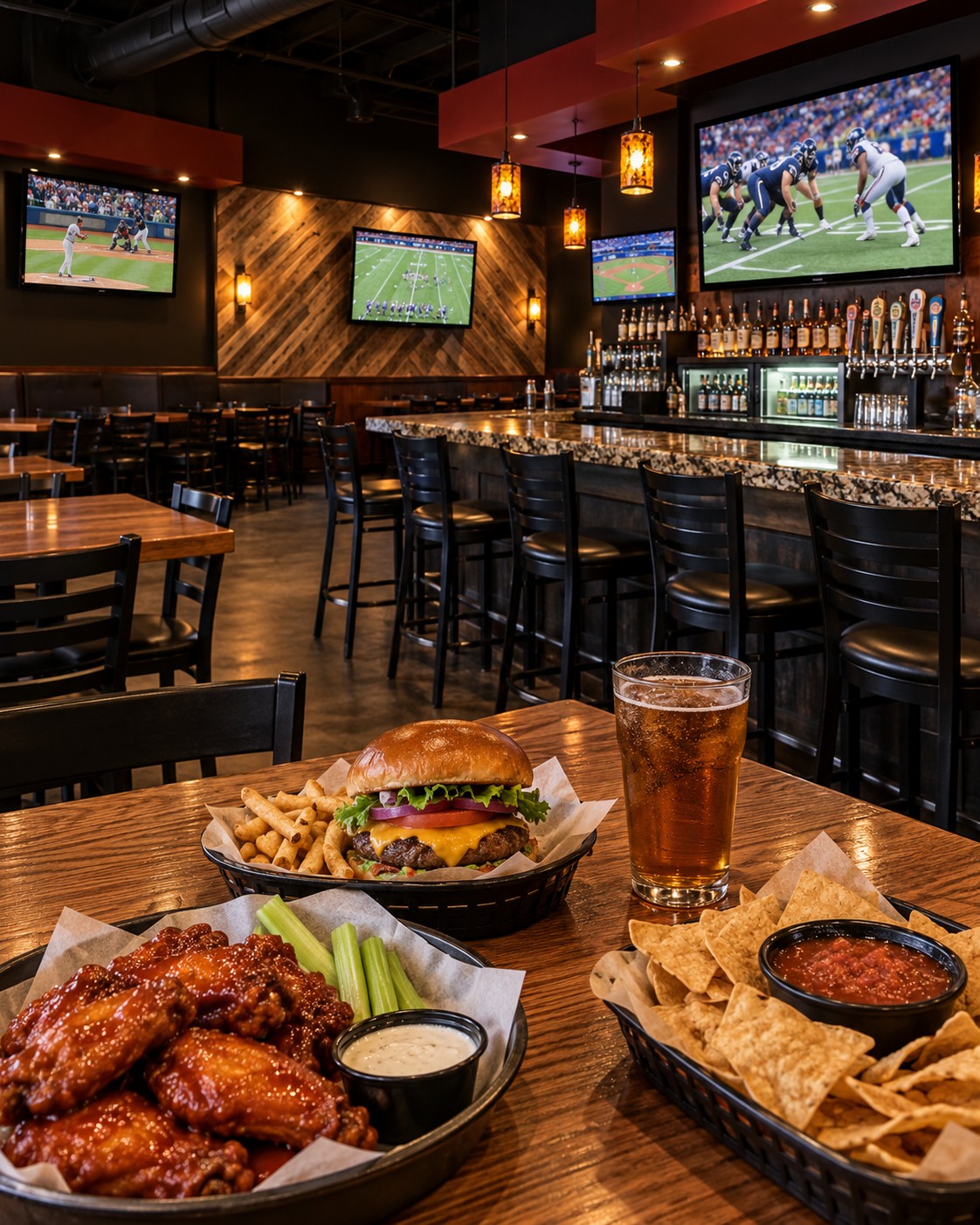 Sports-bar favorites on an oak table inside Hoppe's
