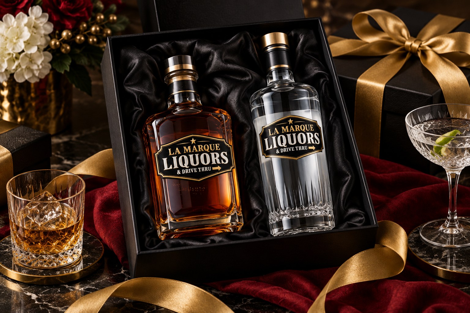 Branded gift bottle with gold ribbon — illustrative branded artwork