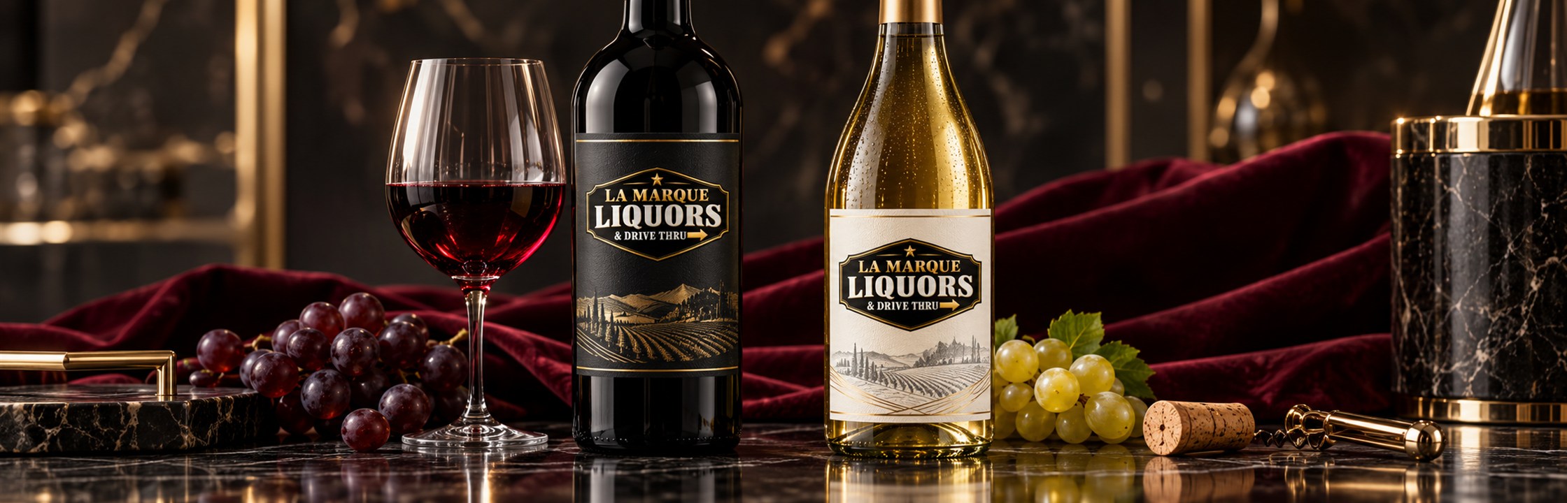 La Marque branded wine bottles — illustrative branded artwork