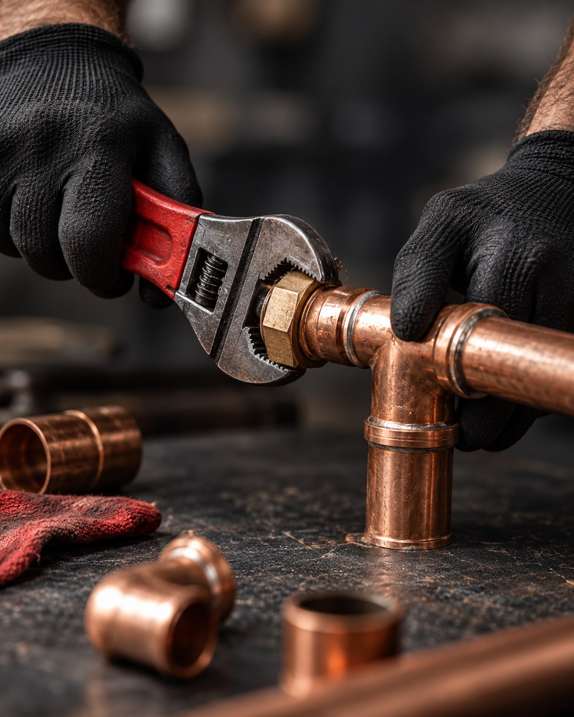 Gloved hands working on a copper fitting